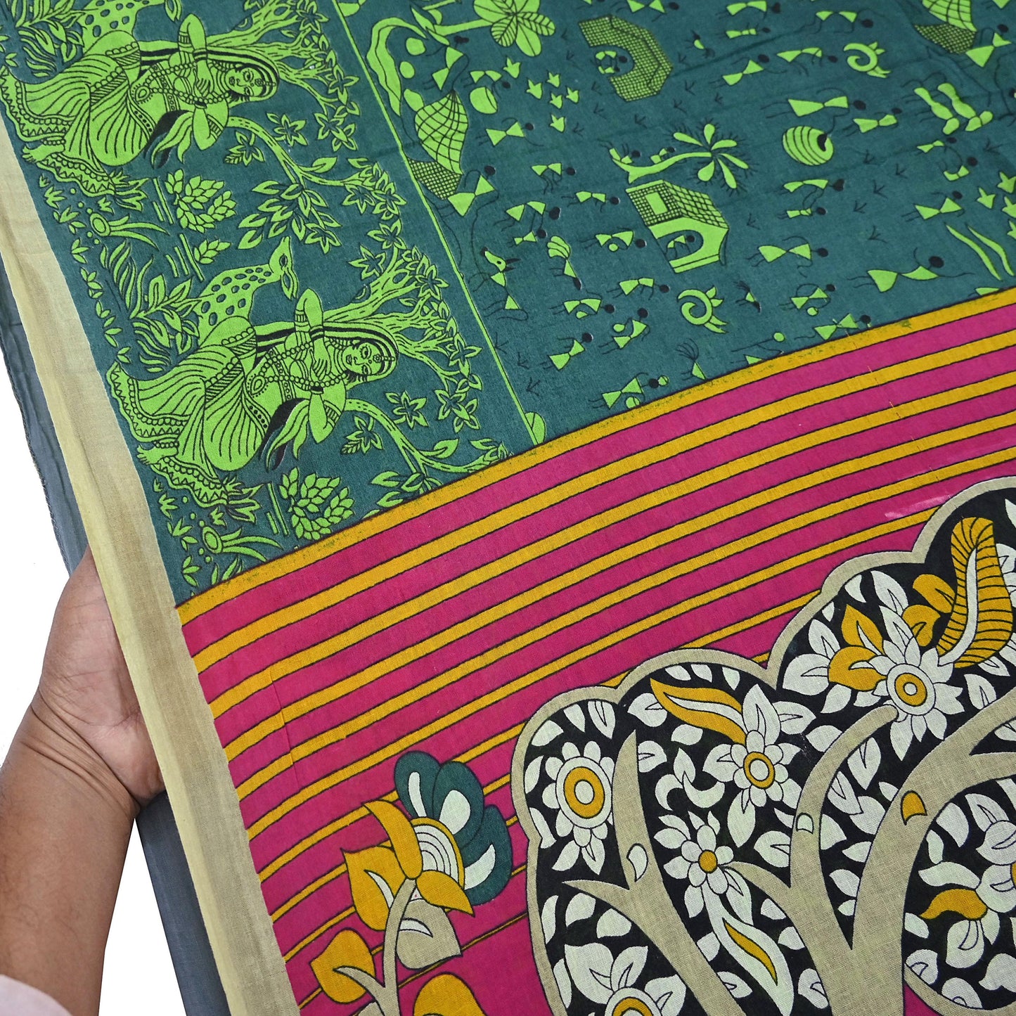 Indian Vintage Green Sari Kalamkari Printed Pure Cotton Saree Fabric Soft Floral 5Yd Sarong Wrap Fabric Fish