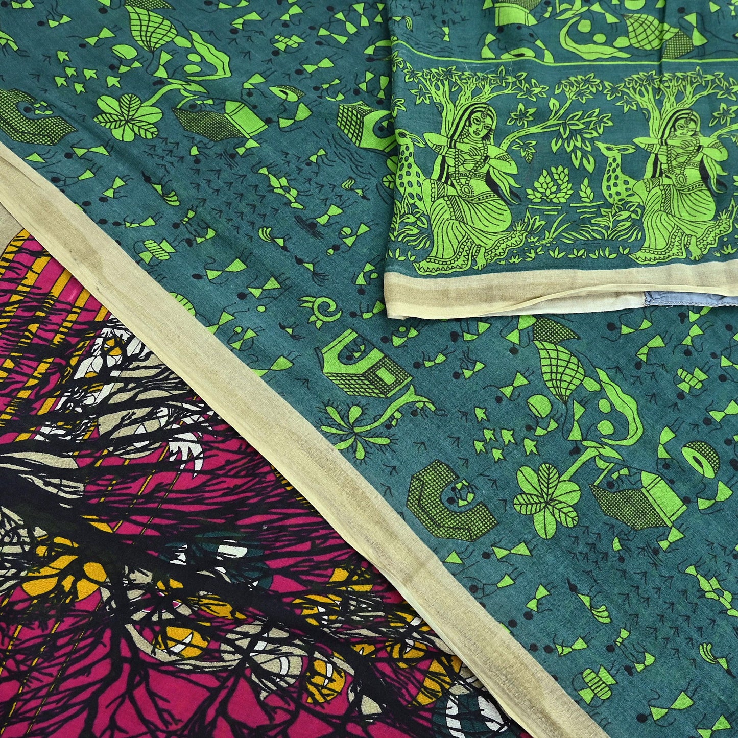 Indian Vintage Green Sari Kalamkari Printed Pure Cotton Saree Fabric Soft Floral 5Yd Sarong Wrap Fabric Fish