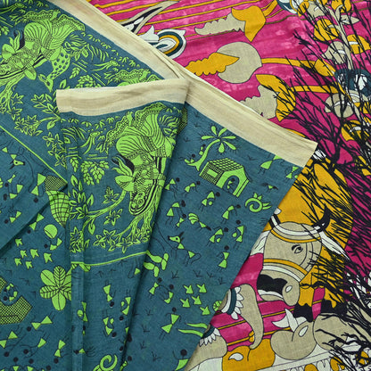 Indian Vintage Green Sari Kalamkari Printed Pure Cotton Saree Fabric Soft Floral 5Yd Sarong Wrap Fabric Fish