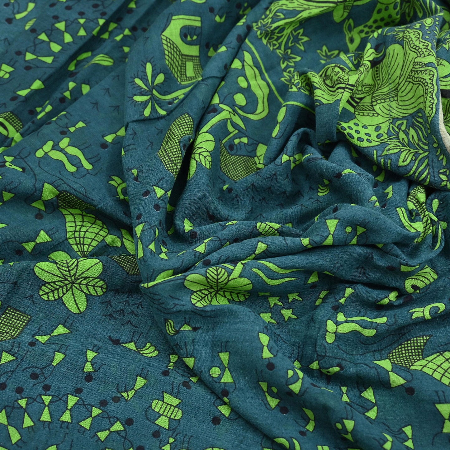 Indian Vintage Green Sari Kalamkari Printed Pure Cotton Saree Fabric Soft Floral 5Yd Sarong Wrap Fabric Fish