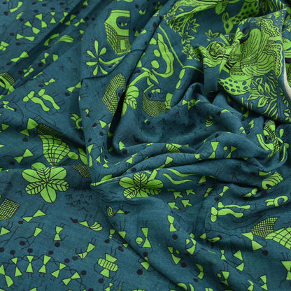 Indian Vintage Green Sari Kalamkari Printed Pure Cotton Saree Fabric Soft Floral 5Yd Sarong Wrap Fabric Fish