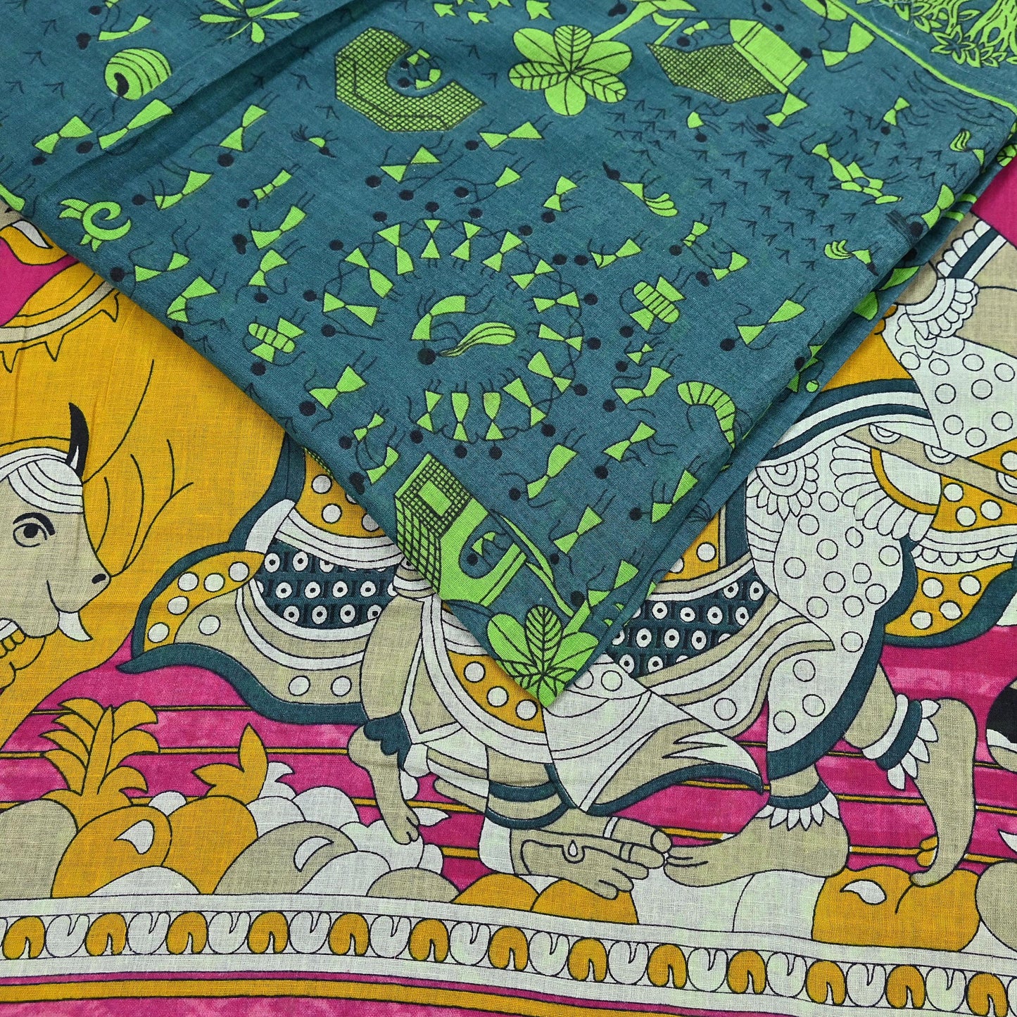 Indian Vintage Green Sari Kalamkari Printed Pure Cotton Saree Fabric Soft Floral 5Yd Sarong Wrap Fabric Fish