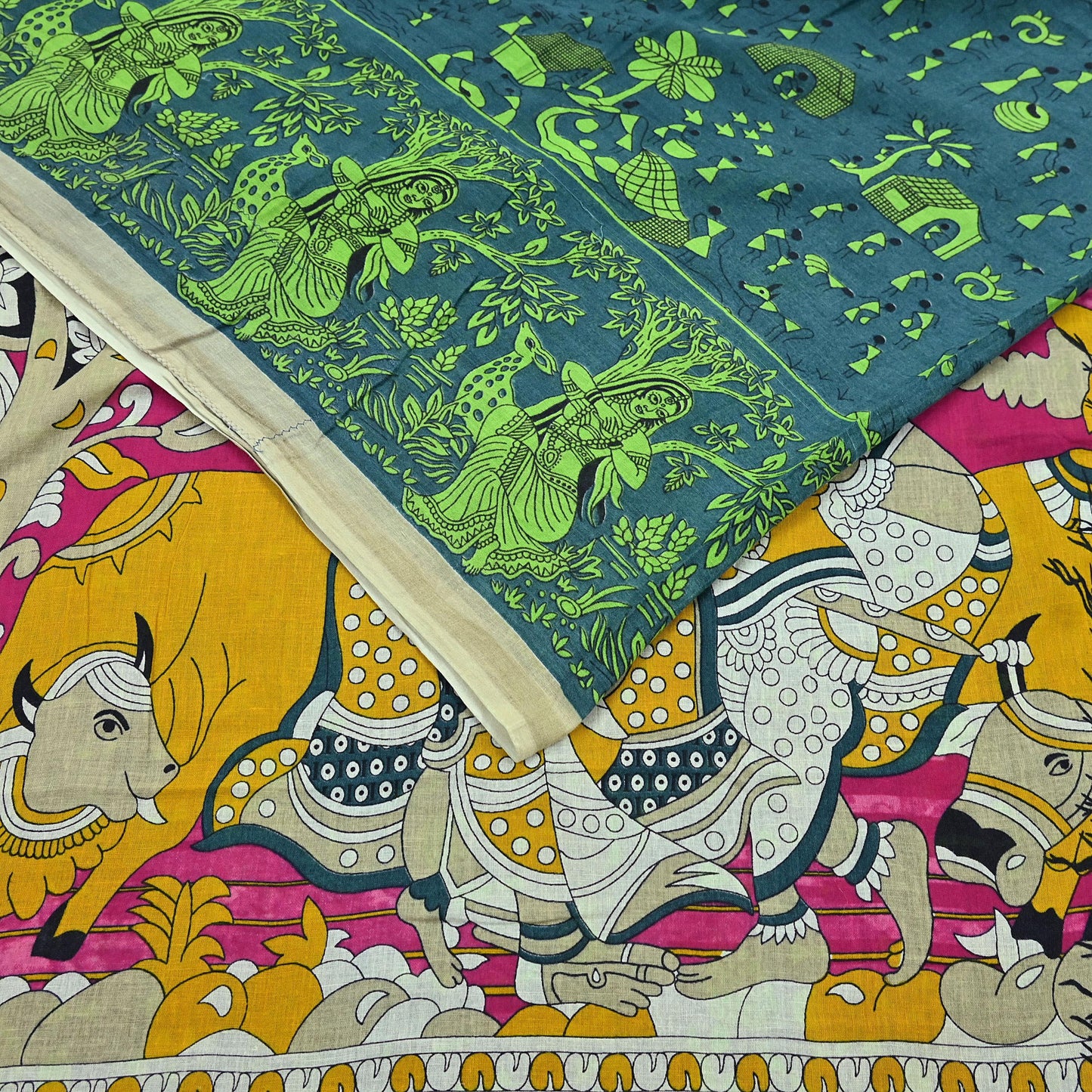 Indian Vintage Green Sari Kalamkari Printed Pure Cotton Saree Fabric Soft Floral 5Yd Sarong Wrap Fabric Fish