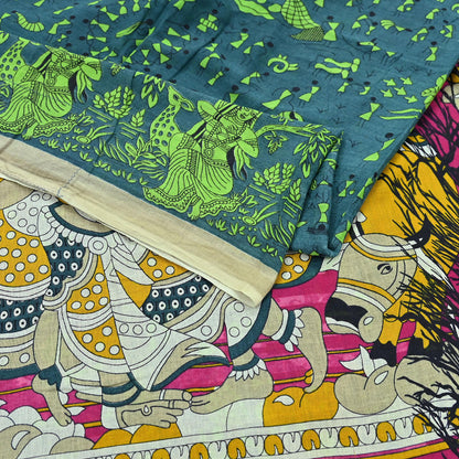 Indian Vintage Green Sari Kalamkari Printed Pure Cotton Saree Fabric Soft Floral 5Yd Sarong Wrap Fabric Fish