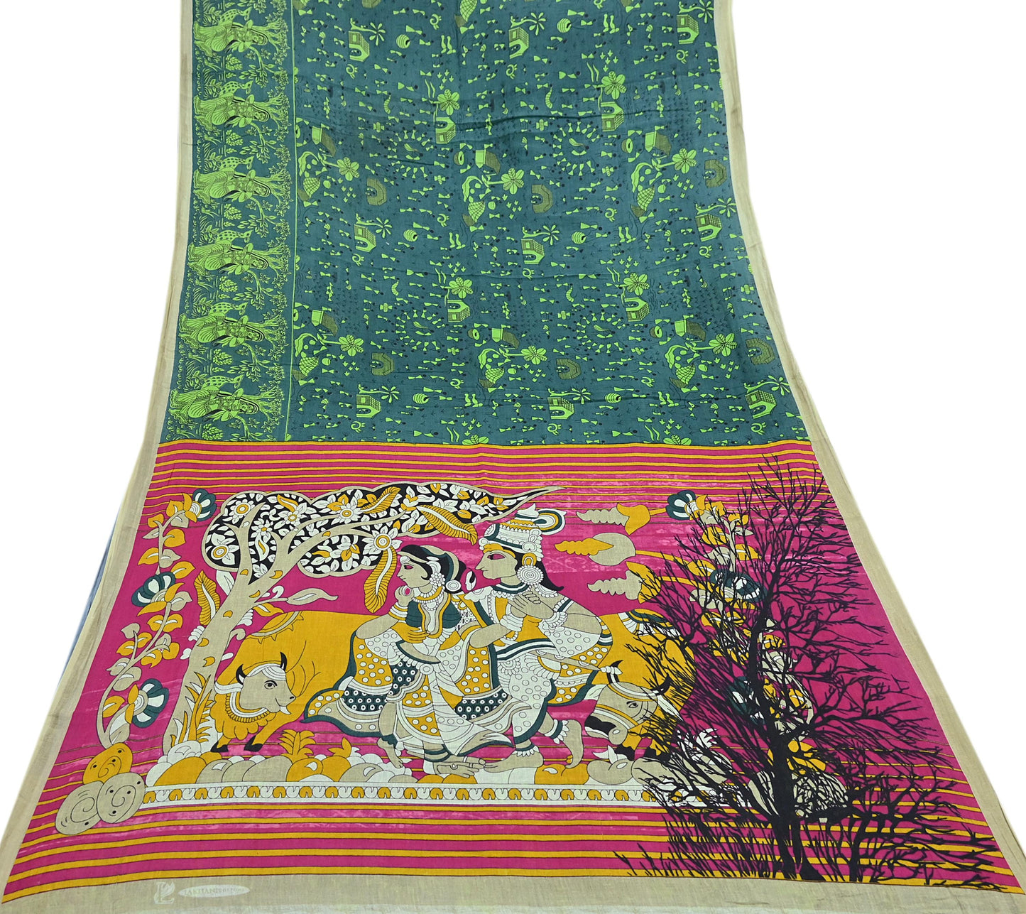 Indian Vintage Green Sari Kalamkari Printed Pure Cotton Saree Fabric Soft Floral 5Yd Sarong Wrap Fabric Fish