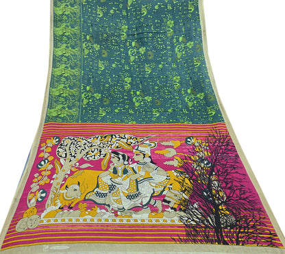 Indian Vintage Green Sari Kalamkari Printed Pure Cotton Saree Fabric Soft Floral 5Yd Sarong Wrap Fabric Fish