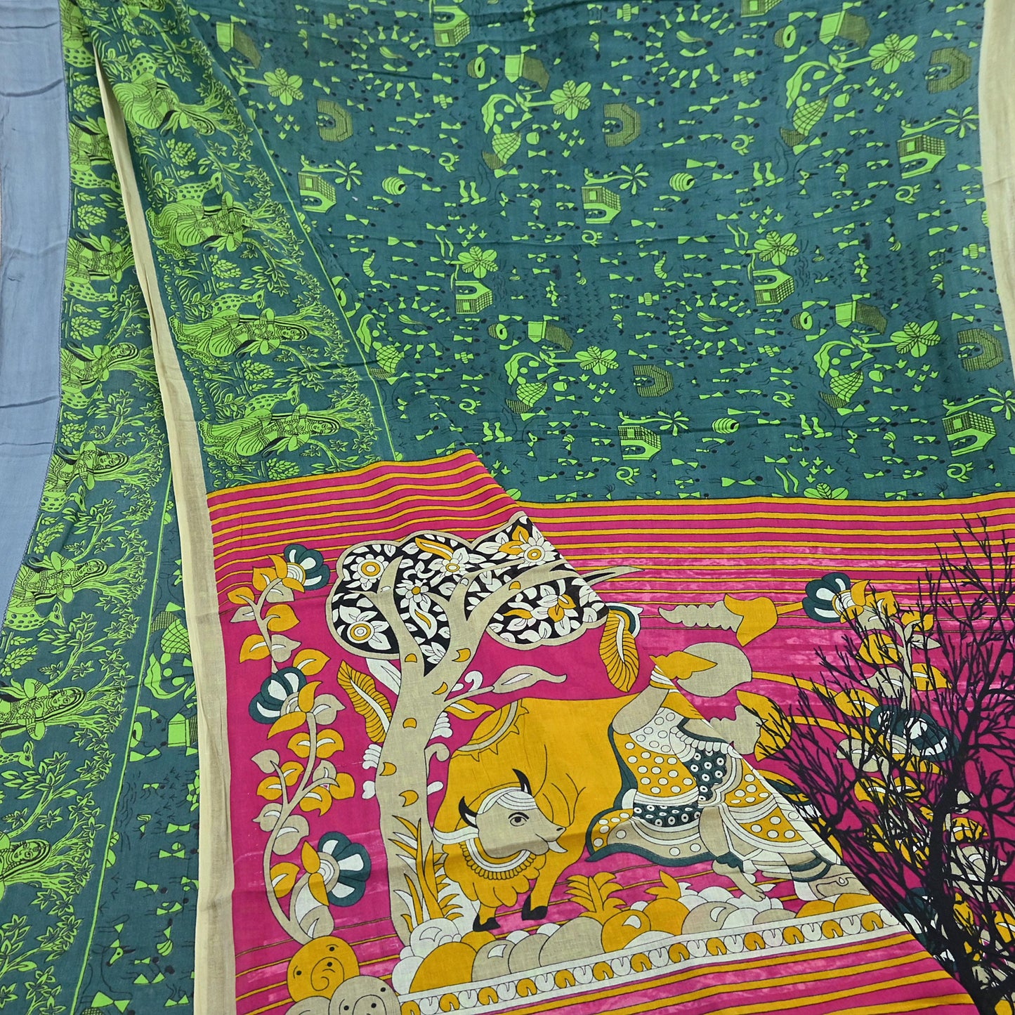Indian Vintage Green Sari Kalamkari Printed Pure Cotton Saree Fabric Soft Floral 5Yd Sarong Wrap Fabric Fish