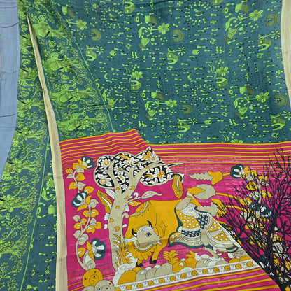 Indian Vintage Green Sari Kalamkari Printed Pure Cotton Saree Fabric Soft Floral 5Yd Sarong Wrap Fabric Fish