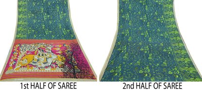 Indian Vintage Green Sari Kalamkari Printed Pure Cotton Saree Fabric Soft Floral 5Yd Sarong Wrap Fabric Fish