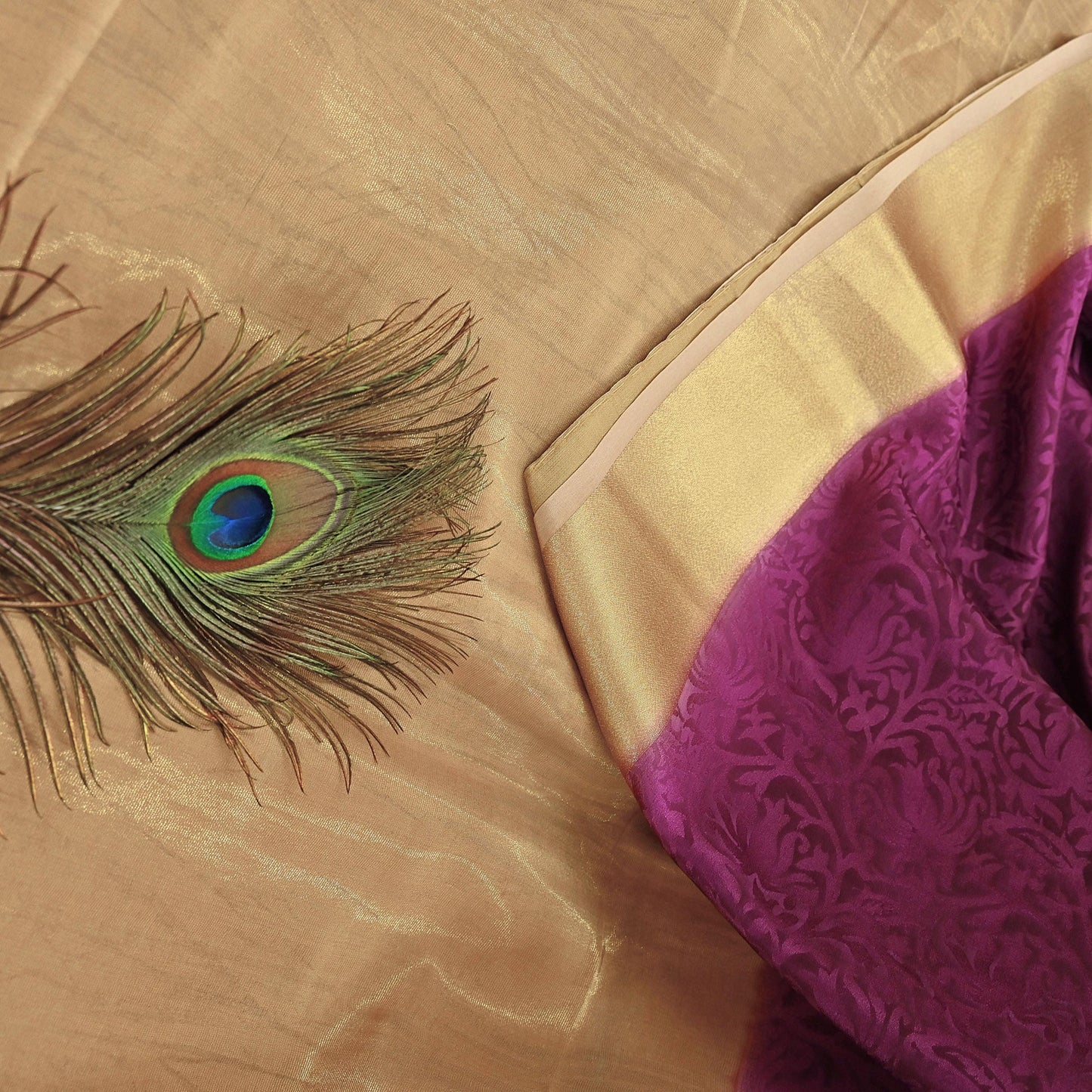 Indian Vintage Sari Purple & Beige Hand Woven Printed Sari 100% Pure Crepe Silk Sarees Craft Fabric 5yd Soft Zari Dress making Quilting Used