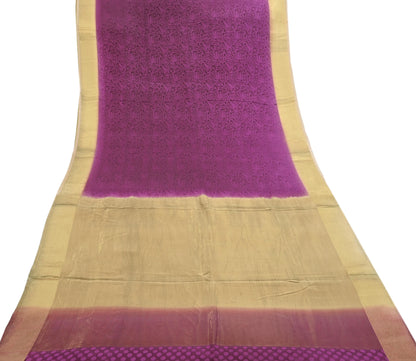Indian Vintage Sari Purple & Beige Hand Woven Printed Sari 100% Pure Crepe Silk Sarees Craft Fabric 5yd Soft Zari Dress making Quilting Used