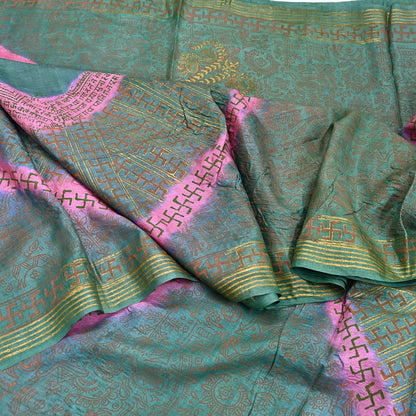 Indian Vintage Sari Pink & green Pure Tussar Silk Hand Woven/Hand Painted Sarees Craft Fabric 6Yd Sewing Ethnic Dress making For Crafting