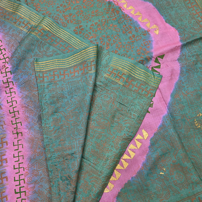 Indian Vintage Sari Pink & green Pure Tussar Silk Hand Woven/Hand Painted Sarees Craft Fabric 6Yd Sewing Ethnic Dress making For Crafting