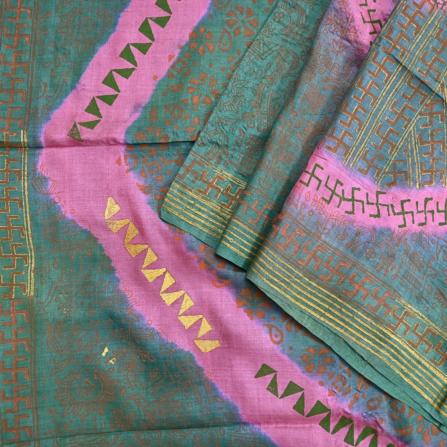 Indian Vintage Sari Pink & green Pure Tussar Silk Hand Woven/Hand Painted Sarees Craft Fabric 6Yd Sewing Ethnic Dress making For Crafting