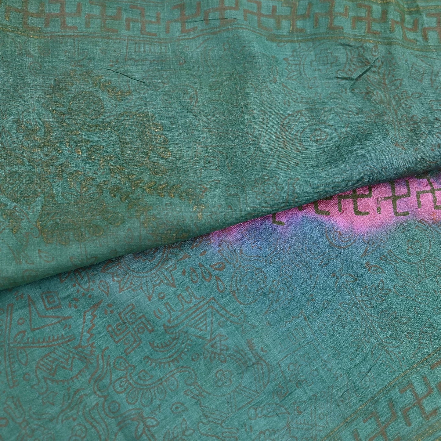 Indian Vintage Sari Pink & green Pure Tussar Silk Hand Woven/Hand Painted Sarees Craft Fabric 6Yd Sewing Ethnic Dress making For Crafting