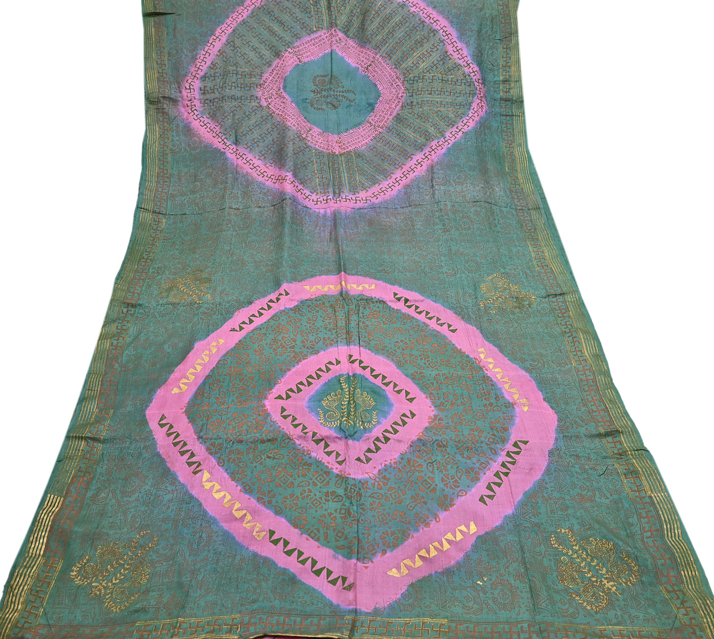 Indian Vintage Sari Pink & green Pure Tussar Silk Hand Woven/Hand Painted Sarees Craft Fabric 6Yd Sewing Ethnic Dress making For Crafting