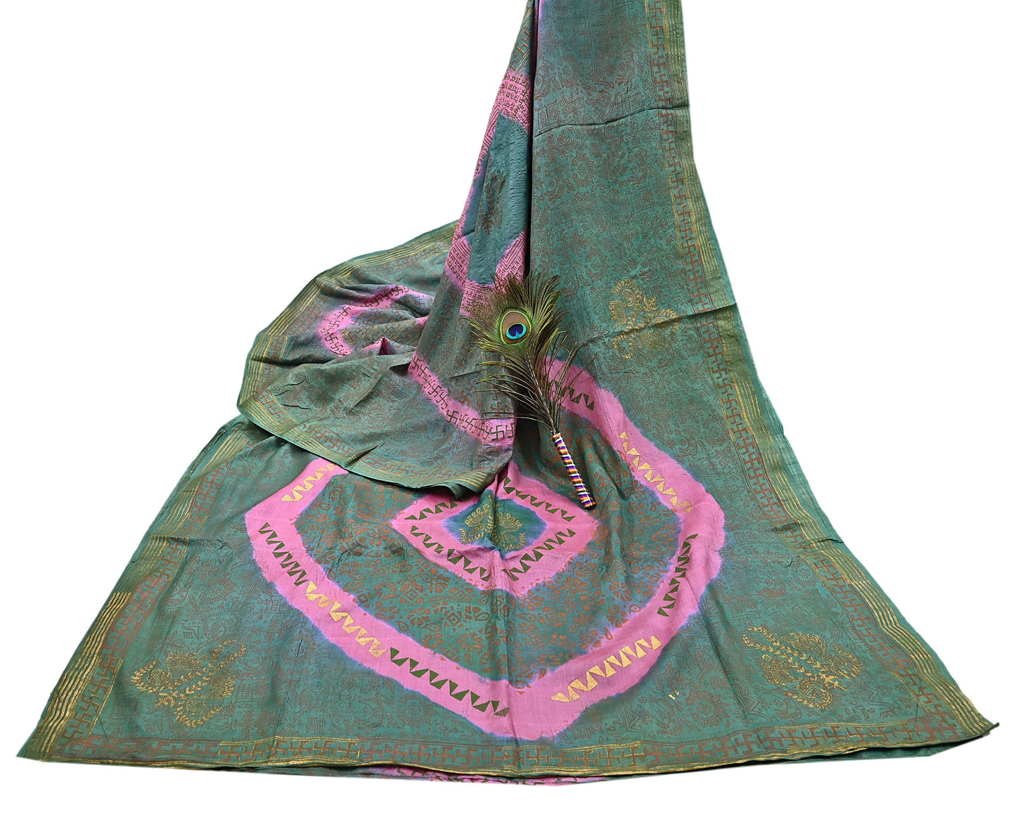 Indian Vintage Sari Pink & green Pure Tussar Silk Hand Woven/Hand Painted Sarees Craft Fabric 6Yd Sewing Ethnic Dress making For Crafting