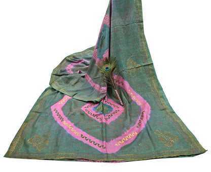 Indian Vintage Sari Pink & green Pure Tussar Silk Hand Woven/Hand Painted Sarees Craft Fabric 6Yd Sewing Ethnic Dress making For Crafting