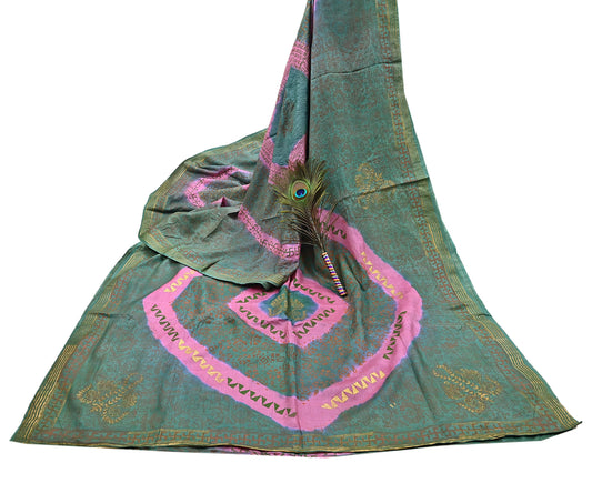 Indian Vintage Sari Pink & green Pure Tussar Silk Hand Woven/Hand Painted Sarees Craft Fabric 6Yd Sewing Ethnic Dress making For Crafting