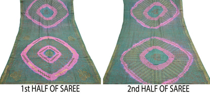 Indian Vintage Sari Pink & green Pure Tussar Silk Hand Woven/Hand Painted Sarees Craft Fabric 6Yd Sewing Ethnic Dress making For Crafting