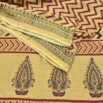 Indian Vintage Saree Beige Bagru Printed Sari Pure Chanderi Silk Sari Fabric 5Yard Zigzag Soft Golden Zari