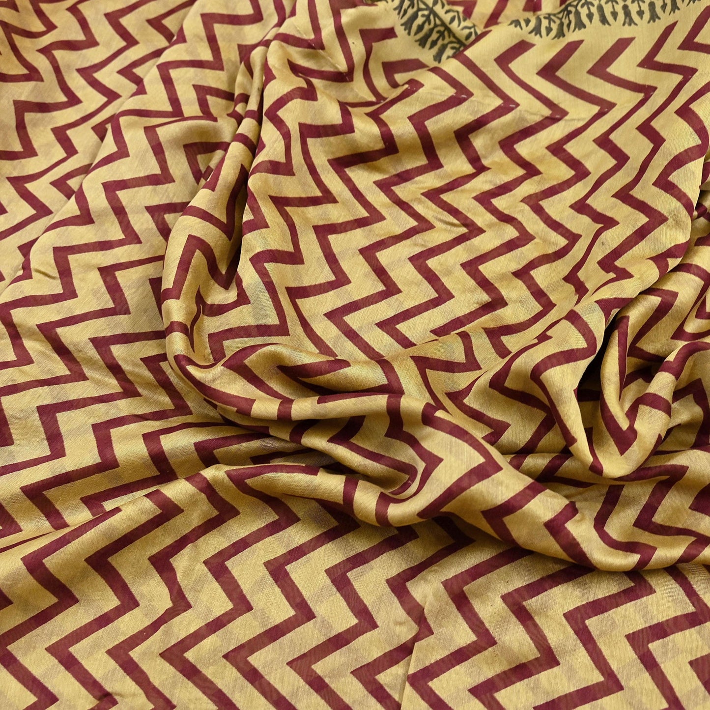 Indian Vintage Saree Beige Bagru Printed Sari Pure Chanderi Silk Sari Fabric 5Yard Zigzag Soft Golden Zari