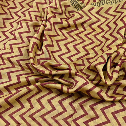 Indian Vintage Saree Beige Bagru Printed Sari Pure Chanderi Silk Sari Fabric 5Yard Zigzag Soft Golden Zari