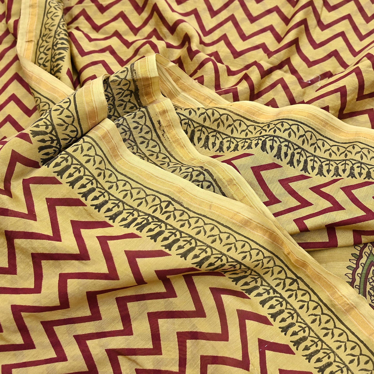 Indian Vintage Saree Beige Bagru Printed Sari Pure Chanderi Silk Sari Fabric 5Yard Zigzag Soft Golden Zari