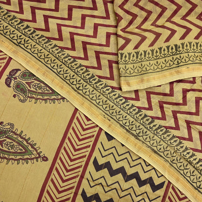 Indian Vintage Saree Beige Bagru Printed Sari Pure Chanderi Silk Sari Fabric 5Yard Zigzag Soft Golden Zari