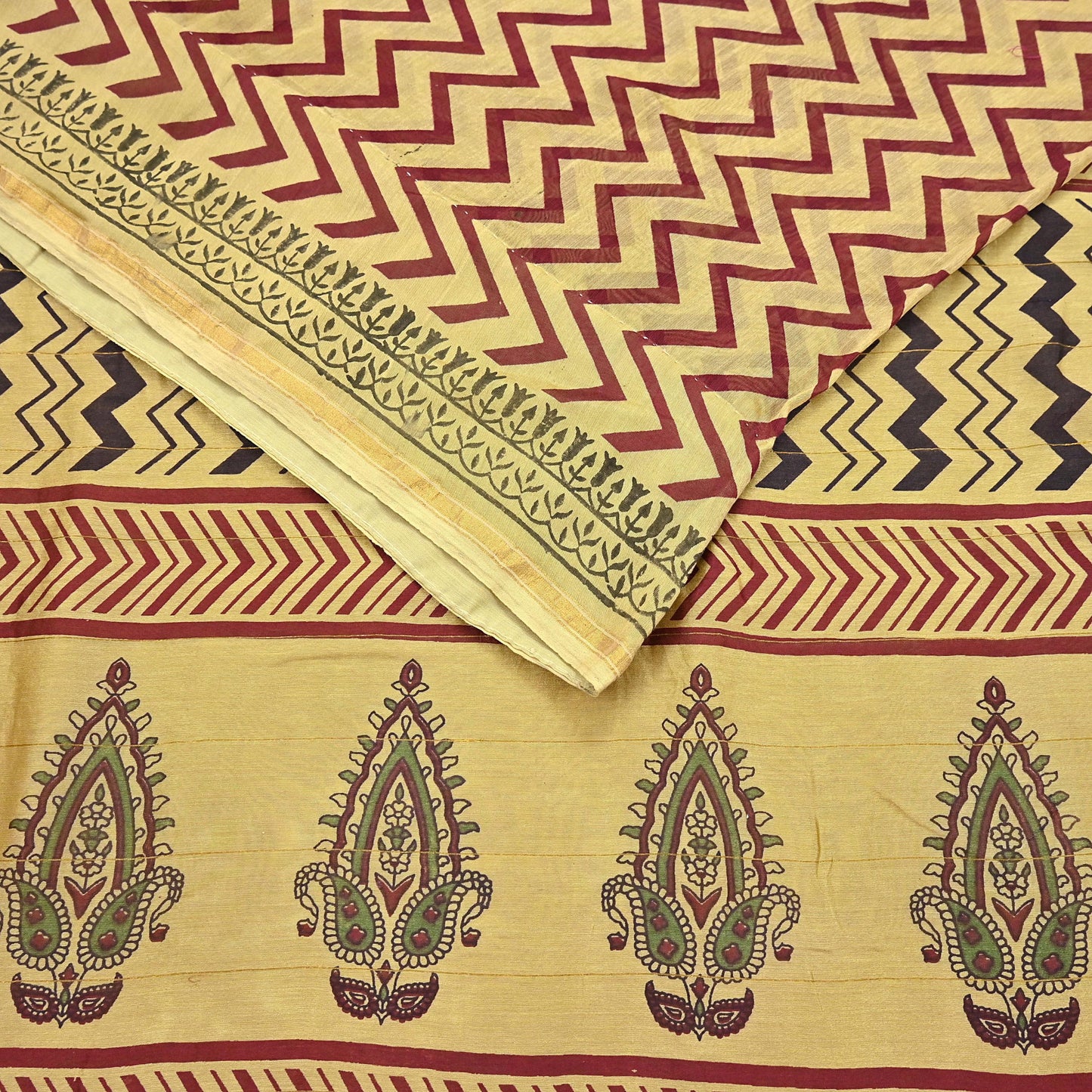 Indian Vintage Saree Beige Bagru Printed Sari Pure Chanderi Silk Sari Fabric 5Yard Zigzag Soft Golden Zari