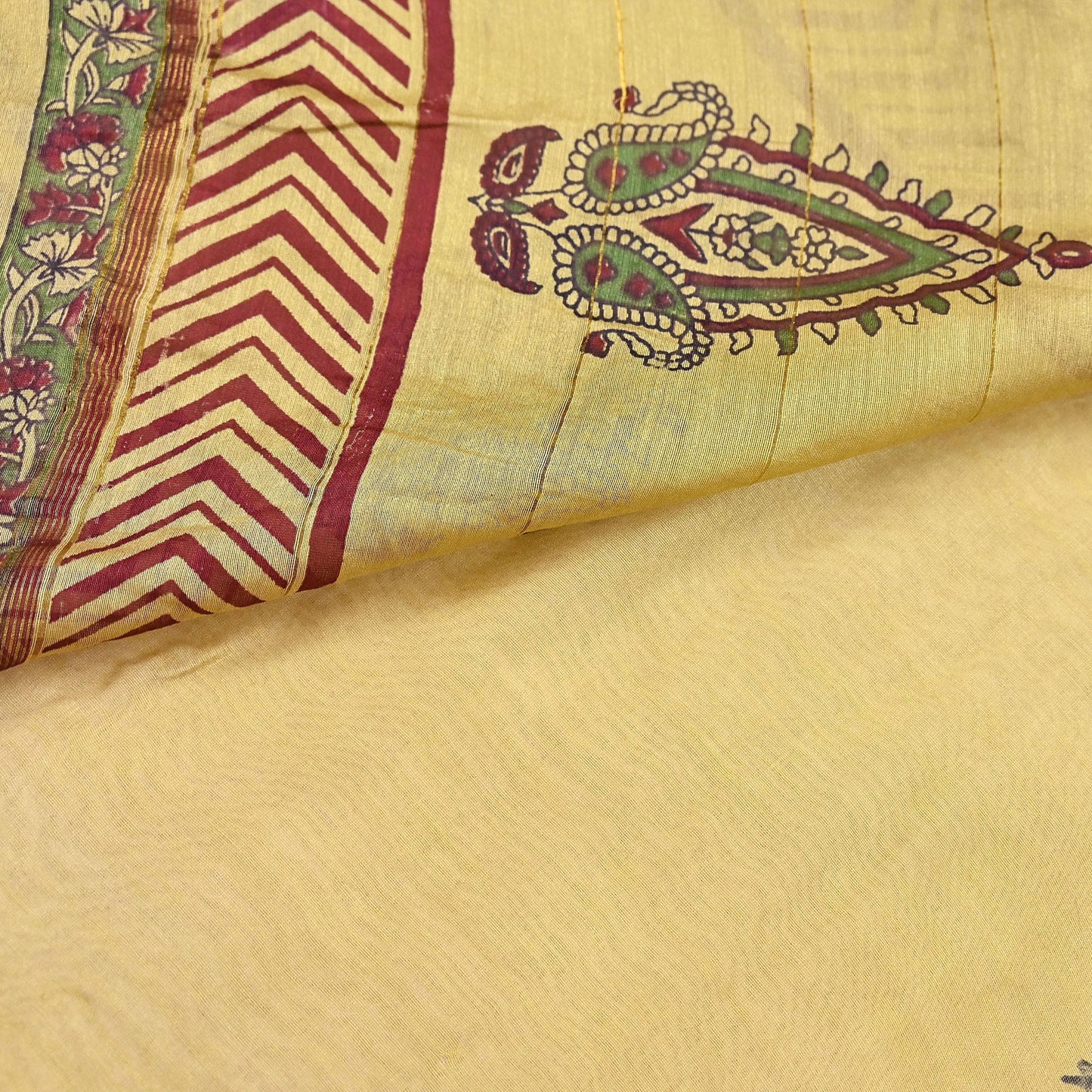 Indian Vintage Saree Beige Bagru Printed Sari Pure Chanderi Silk Sari Fabric 5Yard Zigzag Soft Golden Zari