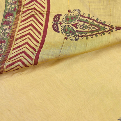 Indian Vintage Saree Beige Bagru Printed Sari Pure Chanderi Silk Sari Fabric 5Yard Zigzag Soft Golden Zari