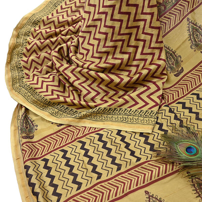 Indian Vintage Saree Beige Bagru Printed Sari Pure Chanderi Silk Sari Fabric 5Yard Zigzag Soft Golden Zari