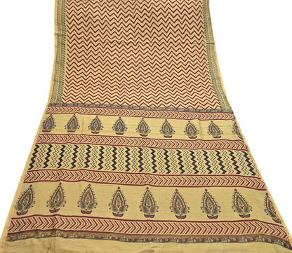 Indian Vintage Saree Beige Bagru Printed Sari Pure Chanderi Silk Sari Fabric 5Yard Zigzag Soft Golden Zari