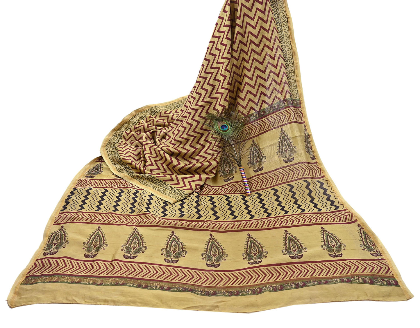 Indian Vintage Saree Beige Bagru Printed Sari Pure Chanderi Silk Sari Fabric 5Yard Zigzag Soft Golden Zari