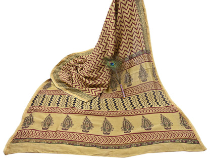 Indian Vintage Saree Beige Bagru Printed Sari Pure Chanderi Silk Sari Fabric 5Yard Zigzag Soft Golden Zari