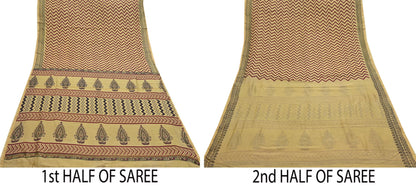 Indian Vintage Saree Beige Bagru Printed Sari Pure Chanderi Silk Sari Fabric 5Yard Zigzag Soft Golden Zari