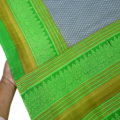 Indian Vintage Saree Gray & green Bagru Printed Sari Pure Chanderi Silk Sari Fabric 5Yard Zigzag Soft Golden Zari