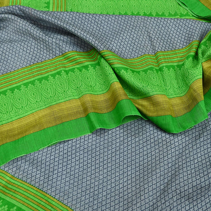 Indian Vintage Saree Gray & green Bagru Printed Sari Pure Chanderi Silk Sari Fabric 5Yard Zigzag Soft Golden Zari