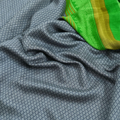 Indian Vintage Saree Gray & green Bagru Printed Sari Pure Chanderi Silk Sari Fabric 5Yard Zigzag Soft Golden Zari