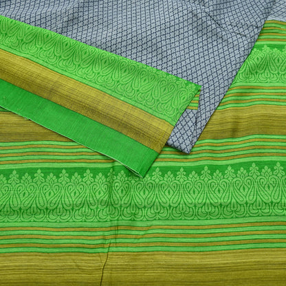 Indian Vintage Saree Gray & green Bagru Printed Sari Pure Chanderi Silk Sari Fabric 5Yard Zigzag Soft Golden Zari