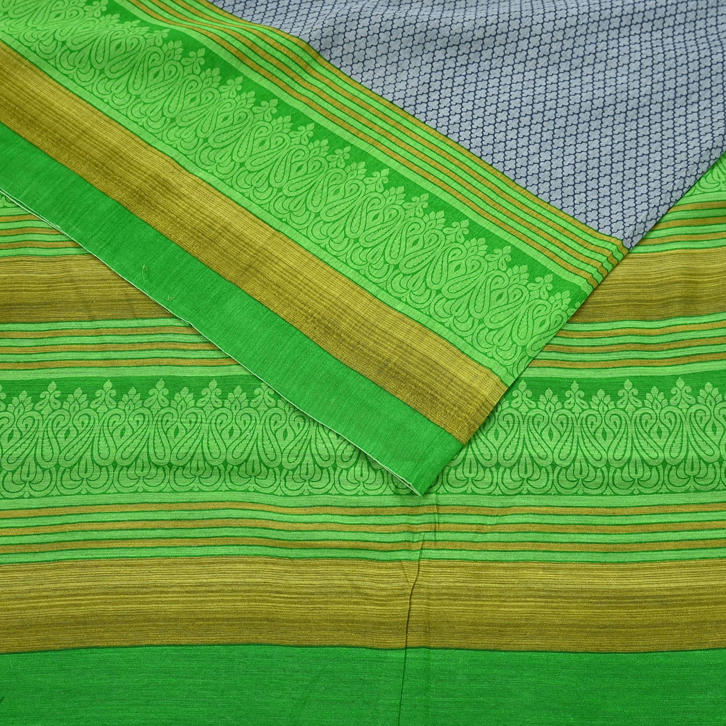 Indian Vintage Saree Gray & green Bagru Printed Sari Pure Chanderi Silk Sari Fabric 5Yard Zigzag Soft Golden Zari