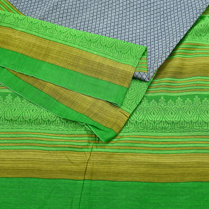 Indian Vintage Saree Gray & green Bagru Printed Sari Pure Chanderi Silk Sari Fabric 5Yard Zigzag Soft Golden Zari