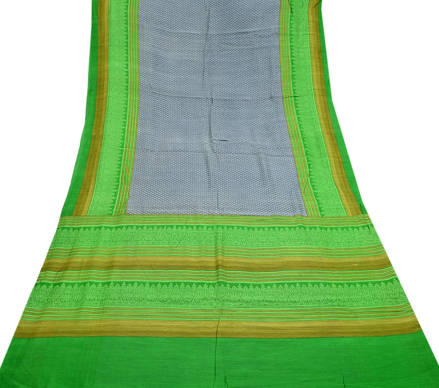 Indian Vintage Saree Gray & green Bagru Printed Sari Pure Chanderi Silk Sari Fabric 5Yard Zigzag Soft Golden Zari