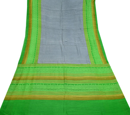 Indian Vintage Saree Gray & green Bagru Printed Sari Pure Chanderi Silk Sari Fabric 5Yard Zigzag Soft Golden Zari