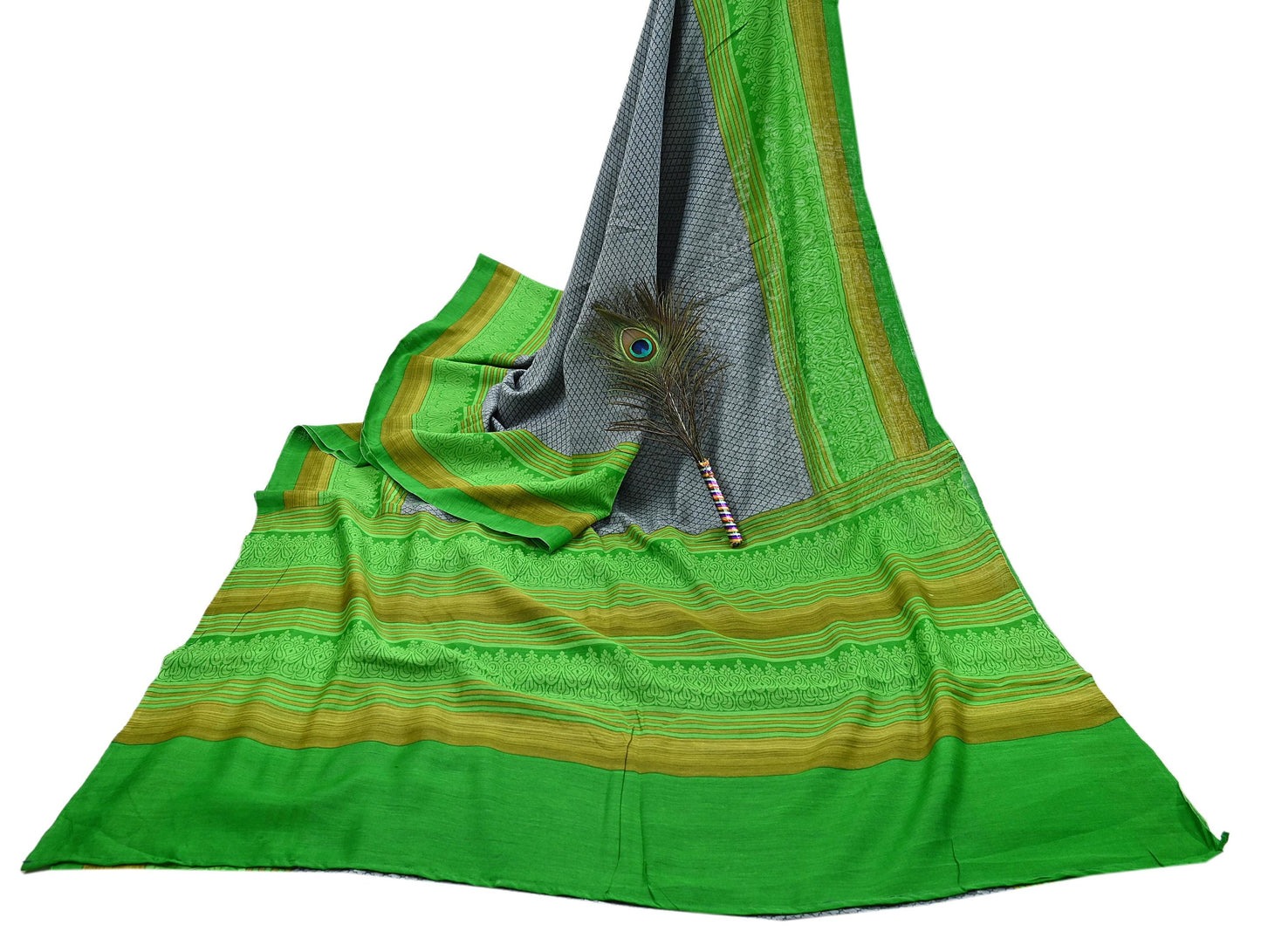 Indian Vintage Saree Gray & green Bagru Printed Sari Pure Chanderi Silk Sari Fabric 5Yard Zigzag Soft Golden Zari