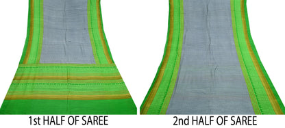 Indian Vintage Saree Gray & green Bagru Printed Sari Pure Chanderi Silk Sari Fabric 5Yard Zigzag Soft Golden Zari