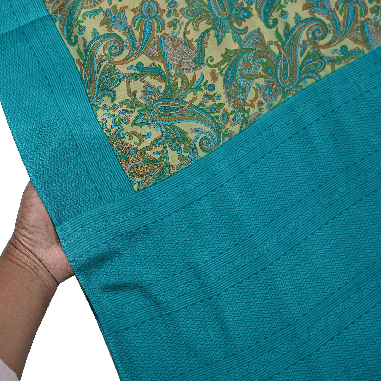 Indian Vintage Sari Beige & Blue Pure Crepe Silk Printed Saree 6yard Sewing Quilting Floral Soft Craft Fabric Wrap