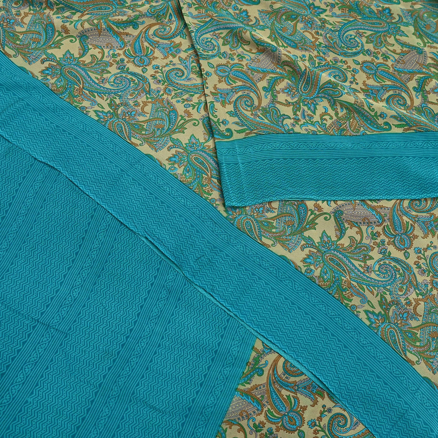 Indian Vintage Sari Beige & Blue Pure Crepe Silk Printed Saree 6yard Sewing Quilting Floral Soft Craft Fabric Wrap