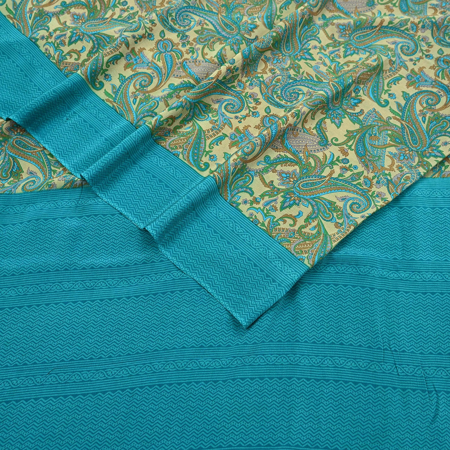 Indian Vintage Sari Beige & Blue Pure Crepe Silk Printed Saree 6yard Sewing Quilting Floral Soft Craft Fabric Wrap